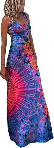Women Sexy Backless Maxi Dress Y2k Tie-Dye Print U-Neck Sleeveless Fashion Cross Backless Party Dress in Kuwait