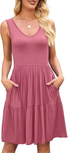BELAROI Womens Plus Size Dress Summer Sundress Sleeveless V Neck Tiered A-Line Tank Dresses Pockets Beach Coverup in Kuwait