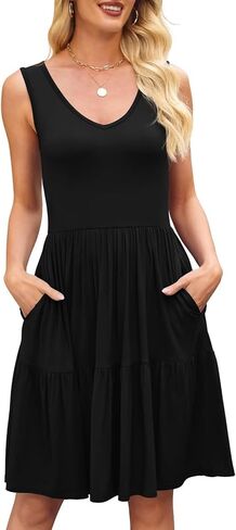 BELAROI Womens Plus Size Dress Summer Sundress Sleeveless V Neck Tiered A-Line Tank Dresses Pockets Beach Coverup in Kuwait