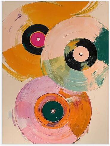 SKTBJWNYK Colorful Retro Vinyl Record Player Wall Art - Vintage Music Canvas Poster Abstract Watercolor Painting in Pink, Orange, Green, Teal for Living Room, Bedroom Decor 12x16 inch Unframed in Saudi Arabia