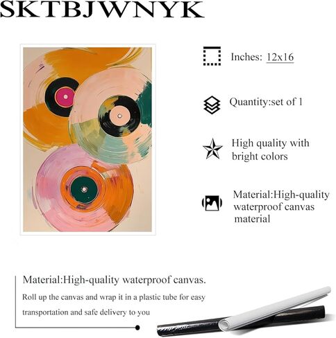 SKTBJWNYK Colorful Retro Vinyl Record Player Wall Art - Vintage Music Canvas Poster Abstract Watercolor Painting in Pink, Orange, Green, Teal for Living Room, Bedroom Decor 12x16 inch Unframed in Saudi Arabia