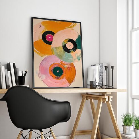 SKTBJWNYK Colorful Retro Vinyl Record Player Wall Art - Vintage Music Canvas Poster Abstract Watercolor Painting in Pink, Orange, Green, Teal for Living Room, Bedroom Decor 12x16 inch Unframed in Saudi Arabia