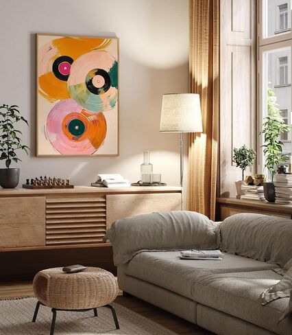SKTBJWNYK Colorful Retro Vinyl Record Player Wall Art - Vintage Music Canvas Poster Abstract Watercolor Painting in Pink, Orange, Green, Teal for Living Room, Bedroom Decor 12x16 inch Unframed in Saudi Arabia
