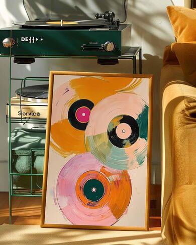 SKTBJWNYK Colorful Retro Vinyl Record Player Wall Art - Vintage Music Canvas Poster Abstract Watercolor Painting in Pink, Orange, Green, Teal for Living Room, Bedroom Decor 12x16 inch Unframed in Saudi Arabia