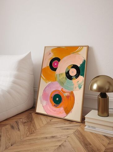 SKTBJWNYK Colorful Retro Vinyl Record Player Wall Art - Vintage Music Canvas Poster Abstract Watercolor Painting in Pink, Orange, Green, Teal for Living Room, Bedroom Decor 12x16 inch Unframed in Saudi Arabia
