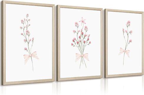 Nursery Flower Wall Art Girl Floral Canvas Wall Decor Boho Wildflower Art Poster Pink Bow Pictures Nursery Floral Prints Vintage Botanical Artwork for Girls Room Bedroom 12x16 Inch Wood Framed 3Pcs in Saudi Arabia
