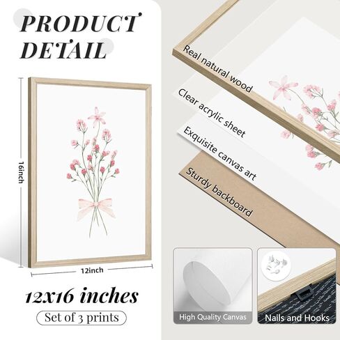 Nursery Flower Wall Art Girl Floral Canvas Wall Decor Boho Wildflower Art Poster Pink Bow Pictures Nursery Floral Prints Vintage Botanical Artwork for Girls Room Bedroom 12x16 Inch Wood Framed 3Pcs in Saudi Arabia