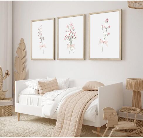 Nursery Flower Wall Art Girl Floral Canvas Wall Decor Boho Wildflower Art Poster Pink Bow Pictures Nursery Floral Prints Vintage Botanical Artwork for Girls Room Bedroom 12x16 Inch Wood Framed 3Pcs in Saudi Arabia