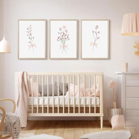 Nursery Flower Wall Art Girl Floral Canvas Wall Decor Boho Wildflower Art Poster Pink Bow Pictures Nursery Floral Prints Vintage Botanical Artwork for Girls Room Bedroom 12x16 Inch Wood Framed 3Pcs in Saudi Arabia