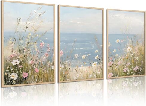 Nursery Flower Wall Art Girl Floral Canvas Wall Decor Boho Wildflower Art Poster Pink Bow Pictures Nursery Floral Prints Vintage Botanical Artwork for Girls Room Bedroom 12x16 Inch Wood Framed 3Pcs in Saudi Arabia