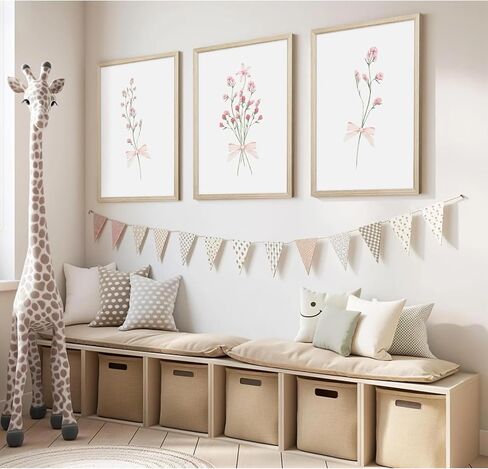 Nursery Flower Wall Art Girl Floral Canvas Wall Decor Boho Wildflower Art Poster Pink Bow Pictures Nursery Floral Prints Vintage Botanical Artwork for Girls Room Bedroom 12x16 Inch Wood Framed 3Pcs in Saudi Arabia