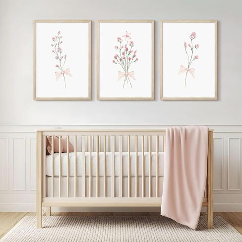Nursery Flower Wall Art Girl Floral Canvas Wall Decor Boho Wildflower Art Poster Pink Bow Pictures Nursery Floral Prints Vintage Botanical Artwork for Girls Room Bedroom 12x16 Inch Wood Framed 3Pcs in Saudi Arabia