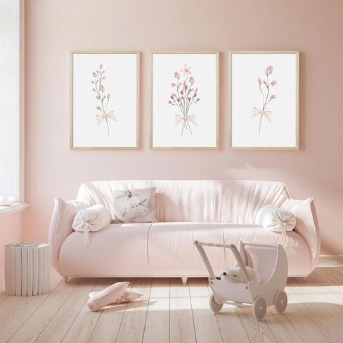 Nursery Flower Wall Art Girl Floral Canvas Wall Decor Boho Wildflower Art Poster Pink Bow Pictures Nursery Floral Prints Vintage Botanical Artwork for Girls Room Bedroom 12x16 Inch Wood Framed 3Pcs in Saudi Arabia