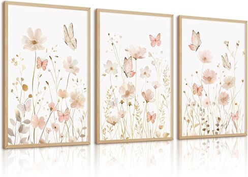 Nursery Flower Wall Art Girl Floral Canvas Wall Decor Boho Wildflower Art Poster Pink Bow Pictures Nursery Floral Prints Vintage Botanical Artwork for Girls Room Bedroom 12x16 Inch Wood Framed 3Pcs in Saudi Arabia