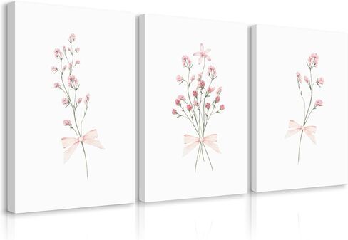 Nursery Flower Wall Art Girl Floral Canvas Wall Decor Boho Wildflower Art Poster Pink Bow Pictures Nursery Floral Prints Vintage Botanical Artwork for Girls Room Bedroom 12x16 Inch Wood Framed 3Pcs in Saudi Arabia