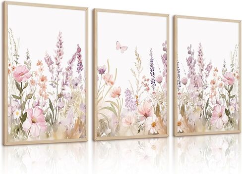 Nursery Flower Wall Art Girl Floral Canvas Wall Decor Boho Wildflower Art Poster Pink Bow Pictures Nursery Floral Prints Vintage Botanical Artwork for Girls Room Bedroom 12x16 Inch Wood Framed 3Pcs in Saudi Arabia
