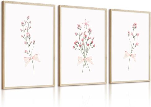Nursery Flower Wall Art Girl Floral Canvas Wall Decor Boho Wildflower Art Poster Pink Bow Pictures Nursery Floral Prints Vintage Botanical Artwork for Girls Room Bedroom 12x16 Inch Wood Framed 3Pcs in Saudi Arabia
