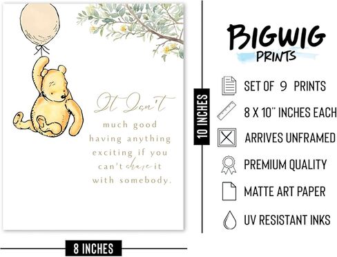 Winnie the Pooh Wall Art - Classic Winnie the Pooh Nursery Decor, Friendship Quotes, Wall Art Decor Photos Bedroom Playroom, Quotes Prints, Inspirational Sayings - Unframed Set of 9 (8x10") in Kuwait