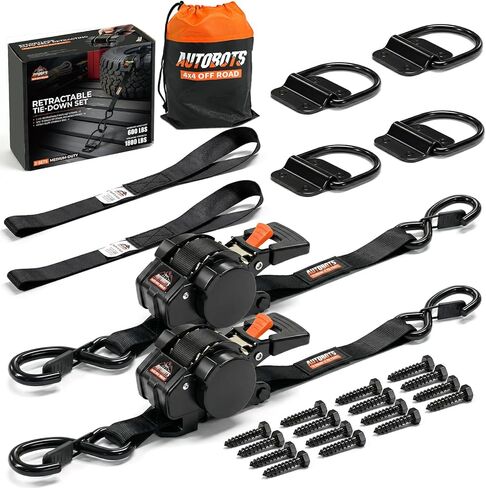 AUTOBOTS Auto Self Retractable Ratchet Straps (4-Pack) 1" X 10ft(1,800lb Break Strength)-Heavy Duty Tie Down Straps with (8) Tie Down Anchor for Trailer,Truck,Cargo,Motorcycle,Boat in Kuwait