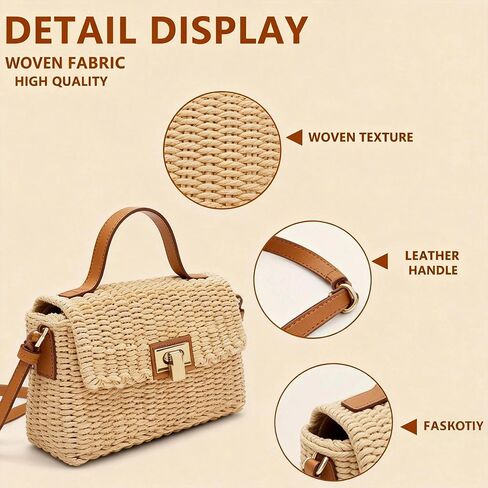 Straw Bag for Women, Square Beach Bag, Hand-Woven Bags, Crossbody Bags Suitable for Vacation Travel Daily(Khaki) in Saudi Arabia