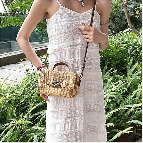 Straw Bag for Women, Square Beach Bag, Hand-Woven Bags, Crossbody Bags Suitable for Vacation Travel Daily(Khaki) in Saudi Arabia