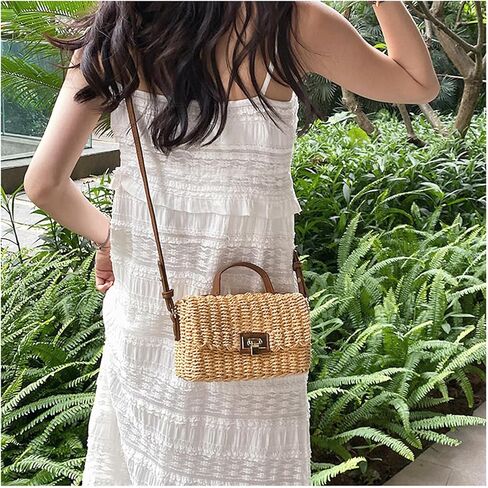 Straw Bag for Women, Square Beach Bag, Hand-Woven Bags, Crossbody Bags Suitable for Vacation Travel Daily(Khaki) in Saudi Arabia