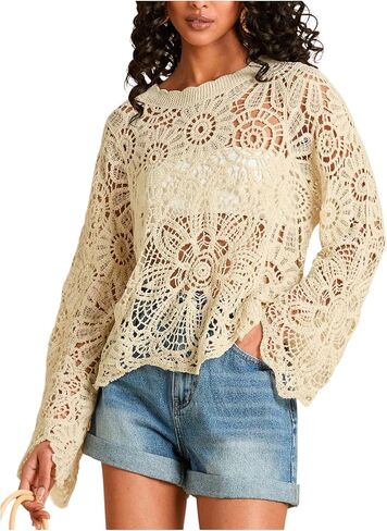 SOLY HUX Women's Boho Crochet Sweater Long Sleeve Crew Neck Hollow Out Knit Pullover Tops in Saudi Arabia
