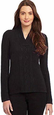 Nautica Women's Shawl Collar Fisherman Cable Knit Long Sleeve Sweater (X-Large, Black) in Saudi Arabia