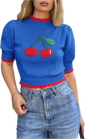 GORGLITTER Women's Short Sleeve Cropped Sweater Cute Cherry Mock Neck Sweaters Trendy Spring Outfits in Saudi Arabia
