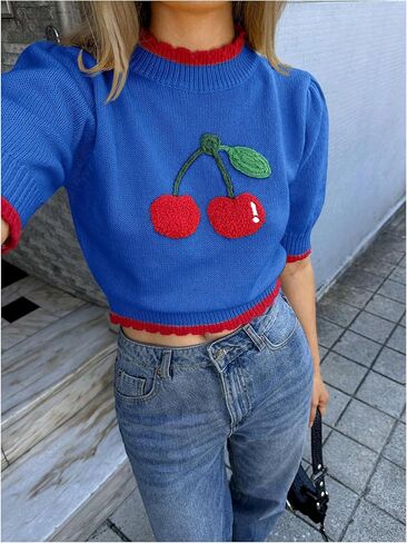 GORGLITTER Women's Short Sleeve Cropped Sweater Cute Cherry Mock Neck Sweaters Trendy Spring Outfits in Saudi Arabia