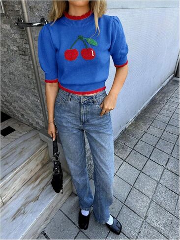 GORGLITTER Women's Short Sleeve Cropped Sweater Cute Cherry Mock Neck Sweaters Trendy Spring Outfits in Saudi Arabia