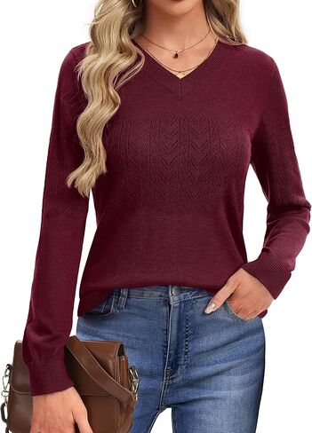 YUCOLEN Women's Wool Hollow Out Sweaters Long Sleeve Crochet Pullover V Neck Sweater Lightweight Knit Tops in Kuwait