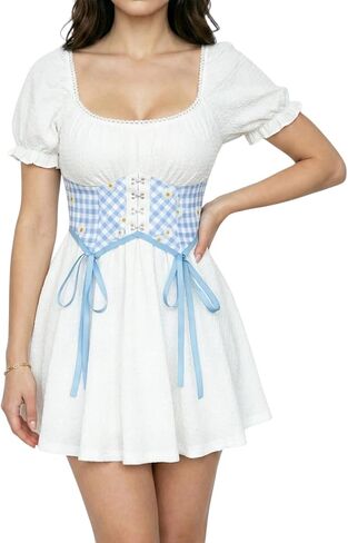 Women Blue and White Gingham Mini Dress Puff Short Sleeve Plaid Daisy Corset Lace Up A Line Skater Dresses in Kuwait