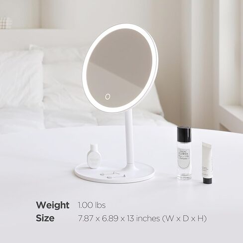 mooas Travel Makeup Mirror, Portable LED Lighted Vanity Mirror, 6.1×7.83 in Slim Foldable Mirror with Touch Control, 3-Color Dimmable Lighting, Rechargeable USB-C, Pouch Included, White (Round) in Saudi Arabia