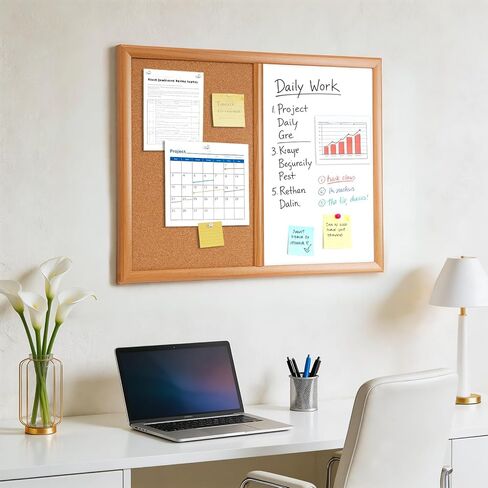 ARCOBIS Cork Board White Board Combo with MDF Wood Frame, 24 x 18 Inch Bulletin Board, Magnetic Dry Erase Board & Corkboard for Wall, Vision Board for Home, Office, School in Kuwait