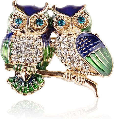Crystal Rhinestone Owl Brooch Pin Fashion Elegant Cartoon Cat Eye Stone Owl Gold Silver Dual Color Brooch Lapel Pins Cute Double Owl Brooch Pin Clothes Bag Hat Dress Jewelry for Women in Kuwait