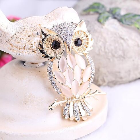 Crystal Rhinestone Owl Brooch Pin Fashion Elegant Cartoon Cat Eye Stone Owl Gold Silver Dual Color Brooch Lapel Pins Cute Double Owl Brooch Pin Clothes Bag Hat Dress Jewelry for Women in Saudi Arabia