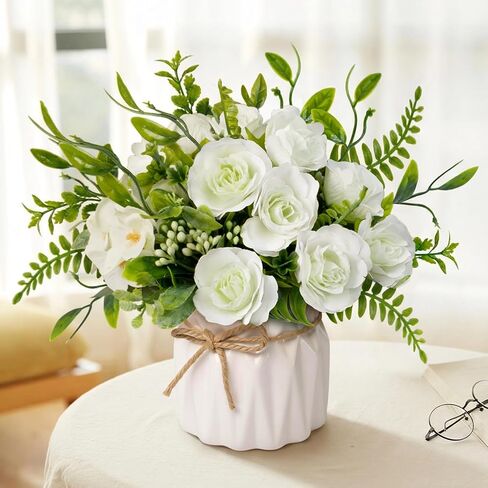 Artificial Silk Roses in Vase – Realistic Fake Flower Bouquet for Home Decor, Wedding,Dining Table, Bathroom,Kitchen,Coffee Table,Bedroom & Office (White) in Kuwait