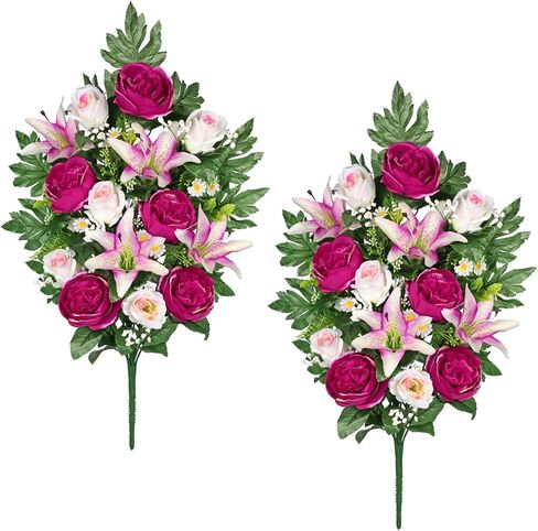 Briful Artificial Flowers Bouquet - 2 Pack Faux Silk Floral Arrangement Fake Carnations Roses Orchid Mixed Flower for Home Office Room Vase Memorial Grave Outdoor Decor in Saudi Arabia