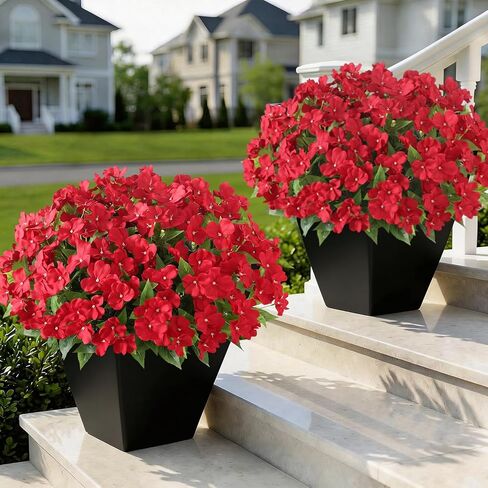 YXZZWL 16 Bundles Artificial Impatiens for Outdoor Spring Summer Decor, No Fade Silk Fake Flowers, UV-Resistant Faux Plants for Garden Porch Home Farmhouse Decoration (Red) in Saudi Arabia