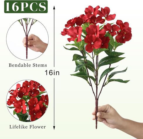 YXZZWL 16 Bundles Artificial Impatiens for Outdoor Spring Summer Decor, No Fade Silk Fake Flowers, UV-Resistant Faux Plants for Garden Porch Home Farmhouse Decoration (Red) in Saudi Arabia