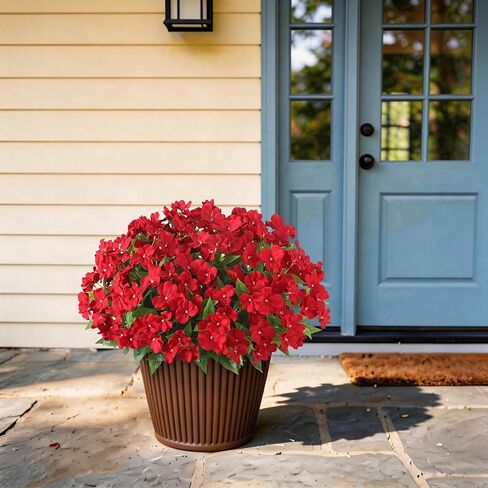 YXZZWL 16 Bundles Artificial Impatiens for Outdoor Spring Summer Decor, No Fade Silk Fake Flowers, UV-Resistant Faux Plants for Garden Porch Home Farmhouse Decoration (Red) in Saudi Arabia