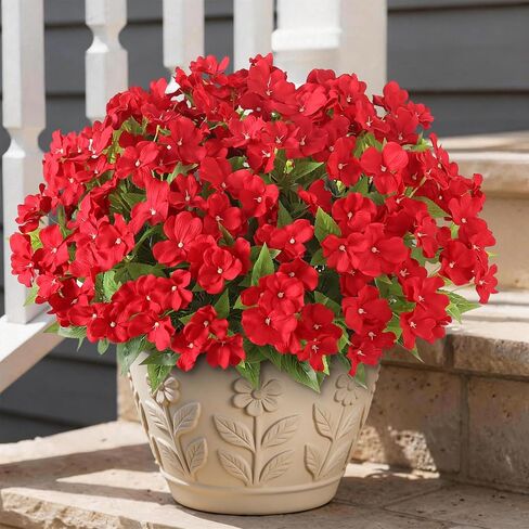 YXZZWL 16 Bundles Artificial Impatiens for Outdoor Spring Summer Decor, No Fade Silk Fake Flowers, UV-Resistant Faux Plants for Garden Porch Home Farmhouse Decoration (Red) in Saudi Arabia