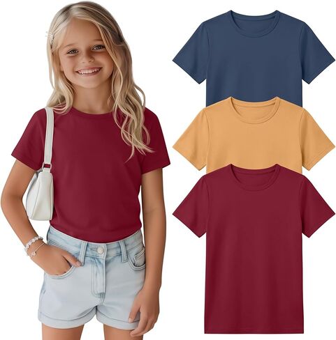 3 Pack Girls Short Sleeve Shirts Teens Plain Tshirts Tween Summer Tops Crewneck Loose Fit Casual Basic Tees in Kuwait