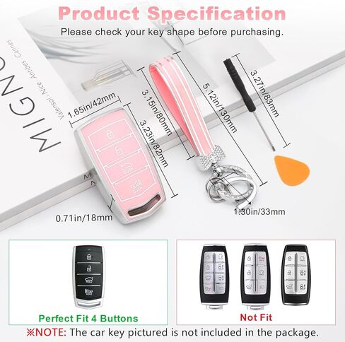 PIFOOG Key Fob Cover fit for Genesis G70 G80 G90 4 Button Pink Car Keys Case Shell Protector Protection Full Covers Bling Keychain Accessories Girly Women Cute TPU in Saudi Arabia