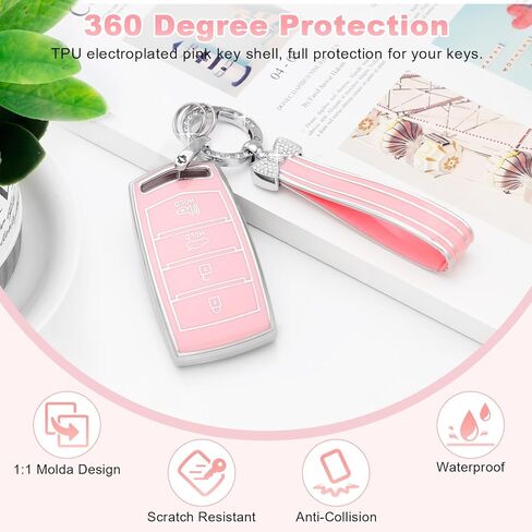 PIFOOG Key Fob Cover fit for Genesis G70 G80 G90 4 Button Pink Car Keys Case Shell Protector Protection Full Covers Bling Keychain Accessories Girly Women Cute TPU in Saudi Arabia