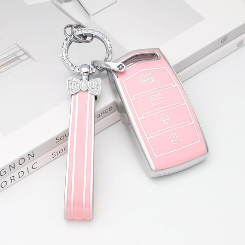 PIFOOG Key Fob Cover fit for Genesis G70 G80 G90 4 Button Pink Car Keys Case Shell Protector Protection Full Covers Bling Keychain Accessories Girly Women Cute TPU in Saudi Arabia