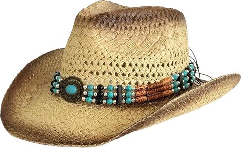 قبعة من القش للجنسين، أشرطة زخرفية أنيقة مطرزة بالخرز، للشاطئ في الهواء الطلق لنزهات الشاطئ، حدود واسعة، بيج شمسي in Kuwait