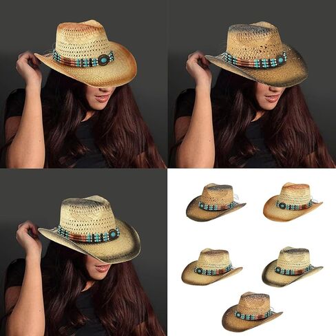 قبعة من القش للجنسين، أشرطة زخرفية أنيقة مطرزة بالخرز، للشاطئ في الهواء الطلق لنزهات الشاطئ، حدود واسعة، بيج شمسي in Kuwait
