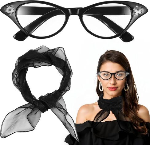 إكسسوارات الخمسينيات للنساء في الخمسينيات من القرن العشرين وشاح رقبة شيفون عتيق من حجر الراين نظارات عين القطة للزي للحفلات التنكرية، وإكسسوارات الهبي، وأزياء الهالوين (أسود) in Kuwait